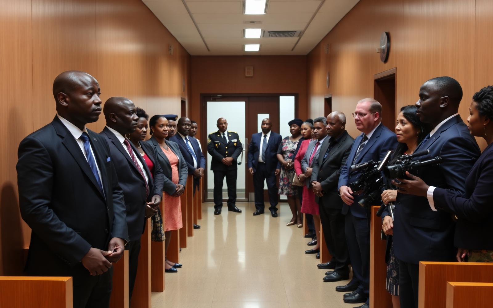 A fictional Kenyan police-accountability hearing corridor with lawyers, observers, relatives and journalists present.