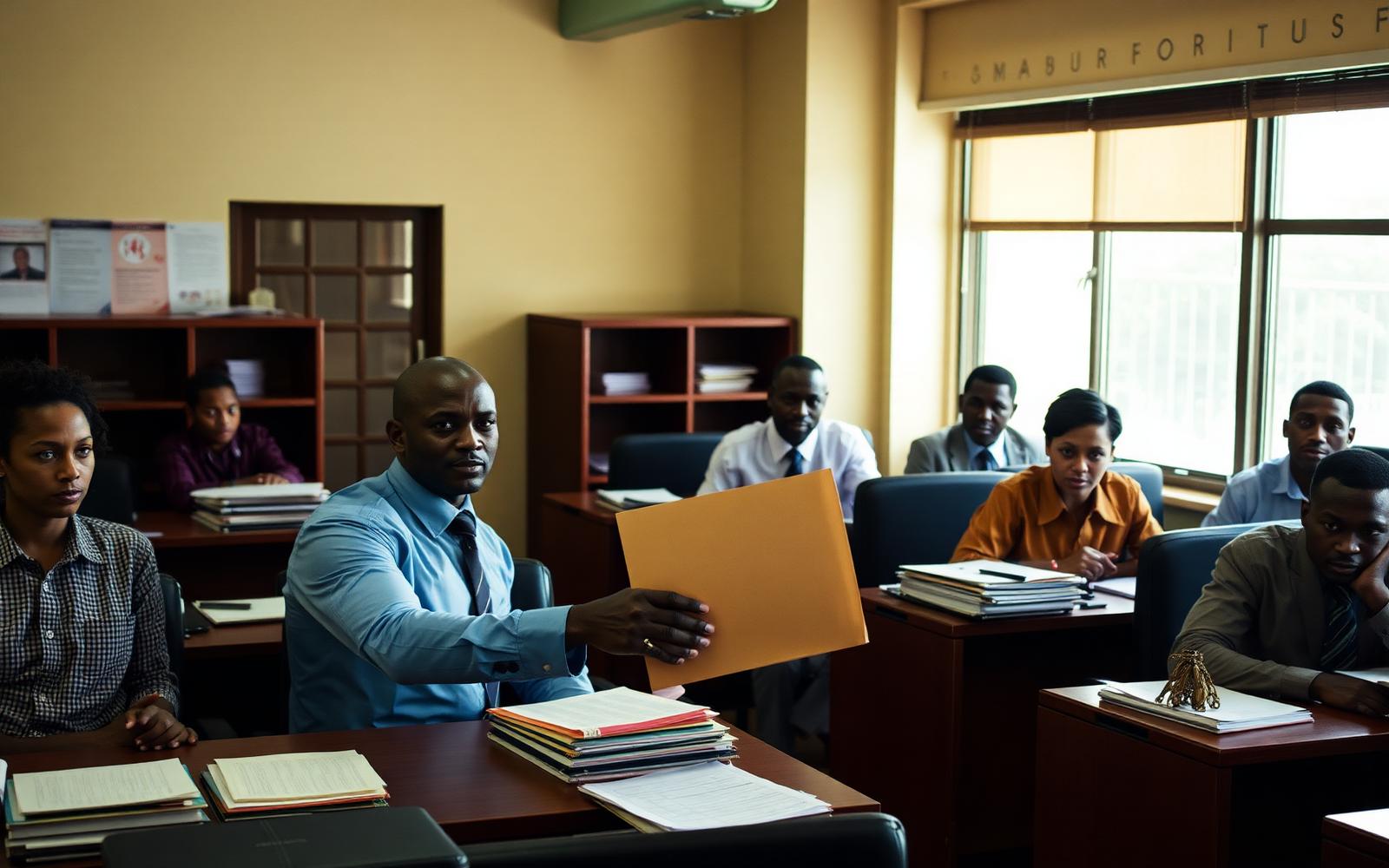 Fictional civil servants passing a manila evidence folder between desks in a Nairobi government office.