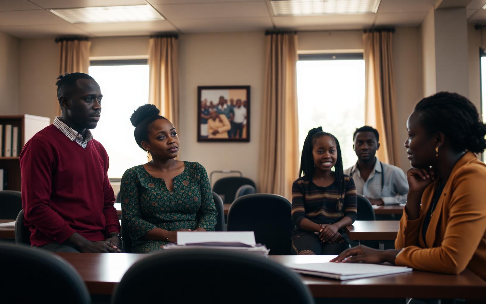 A fictional Kenyan family consulting a human-rights lawyer in a modern Nairobi office — a respectful documentary composition.